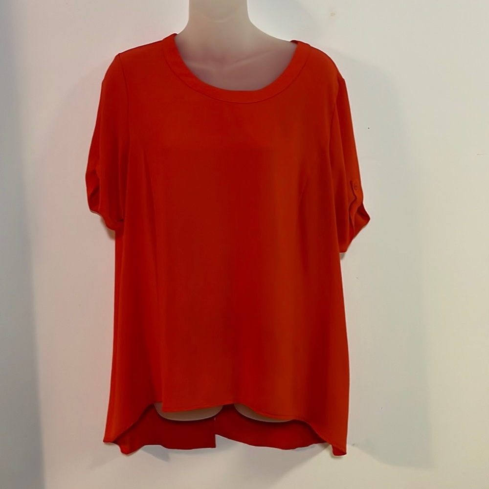 Spense Women's Red-Orange Short Sleeve Blouse Relaxed Fit Hi-Low Hem Top Size L